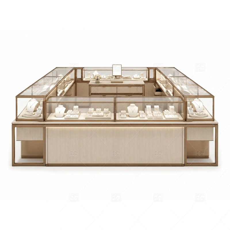 Champagne Gold Jewelry Kiosk with Glass Counters storage detail for under-counter tray drawers, lockable stock cabinets, POS space, and packaging storage planned for champagne gold jewelry kiosk with glass counters