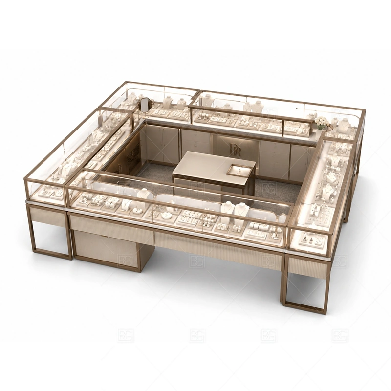 Champagne Gold Jewelry Kiosk with Glass Counters buyer planning detail for Champagne Gold Jewelry Kiosk with Glass Counters target size, glass showcase length, tray quantity, lockable drawer count, logo sign size, lighting color temperature, mall height limit, destination country