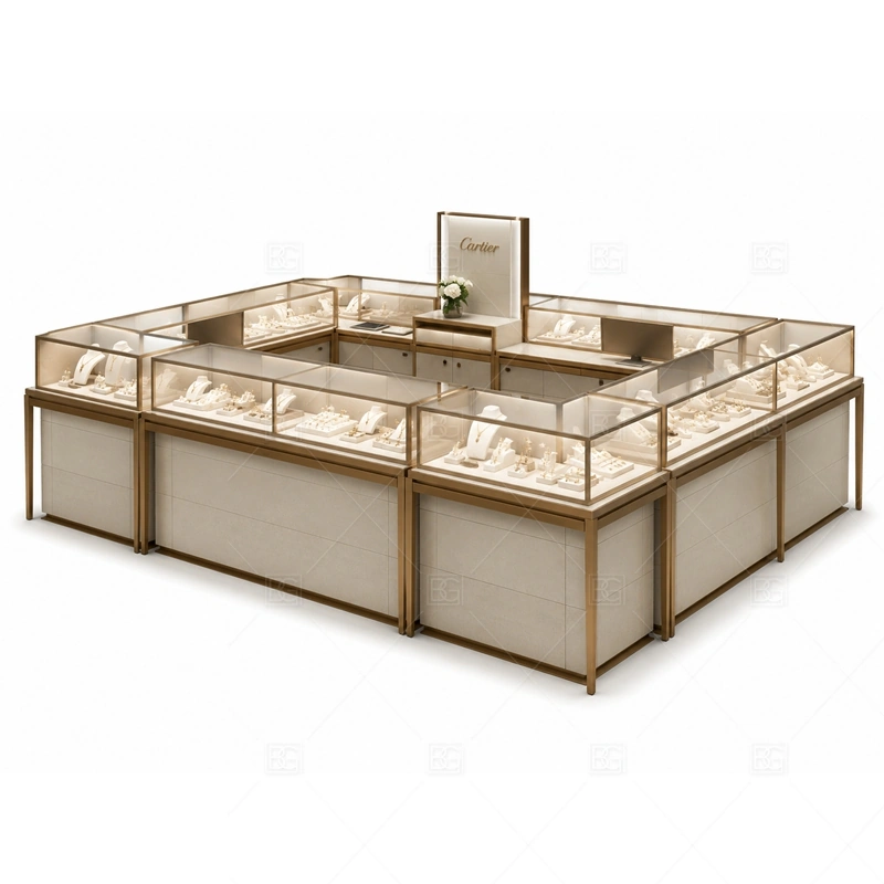 Champagne Jewelry Kiosk with Glass Display with champagne finish for a lighter premium mall jewelry look shown in the champagne jewelry kiosk with glass display product photos, with glass showcase planning for secure jewelry display and clear product viewing