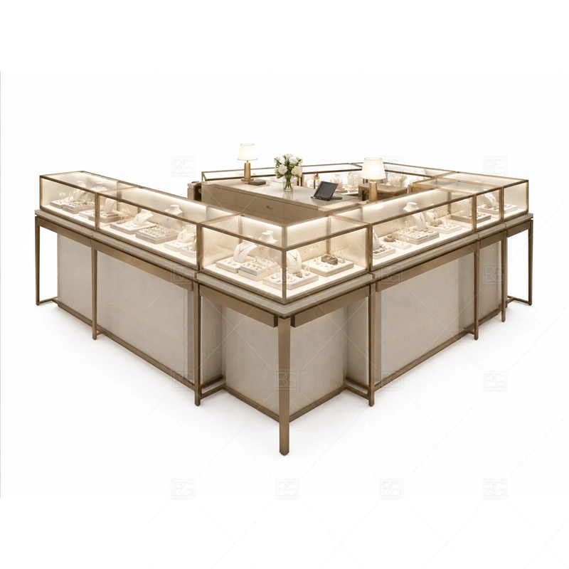 Champagne Jewelry Kiosk with Glass Display display detail for glass showcases and customer-facing jewelry display zones planned for rings, necklaces, watches, bracelets, gift sets, and small accessories in the champagne jewelry kiosk with glass display layout