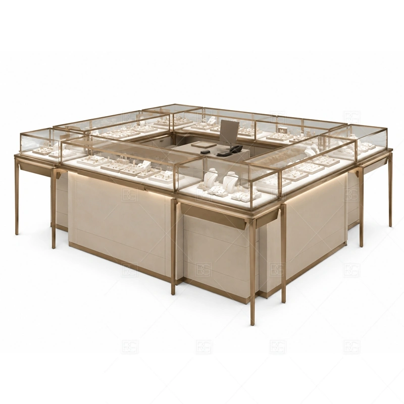 Champagne Jewelry Kiosk with Glass Display branding detail for logo sign and front brand panels coordinated with champagne finish for a lighter premium mall jewelry look for the champagne jewelry kiosk with glass display front presentation