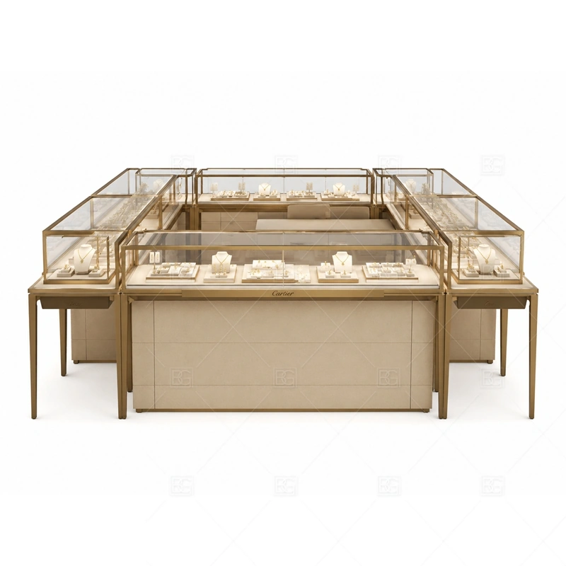Champagne Jewelry Kiosk with Glass Display storage detail for under-counter tray drawers, lockable stock cabinets, POS space, and packaging storage planned for champagne jewelry kiosk with glass display
