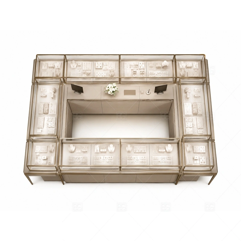 Champagne Jewelry Kiosk with Glass Display buyer planning detail for Champagne Jewelry Kiosk with Glass Display target size, glass showcase length, tray quantity, lockable drawer count, logo sign size, lighting color temperature, mall height limit, destination country
