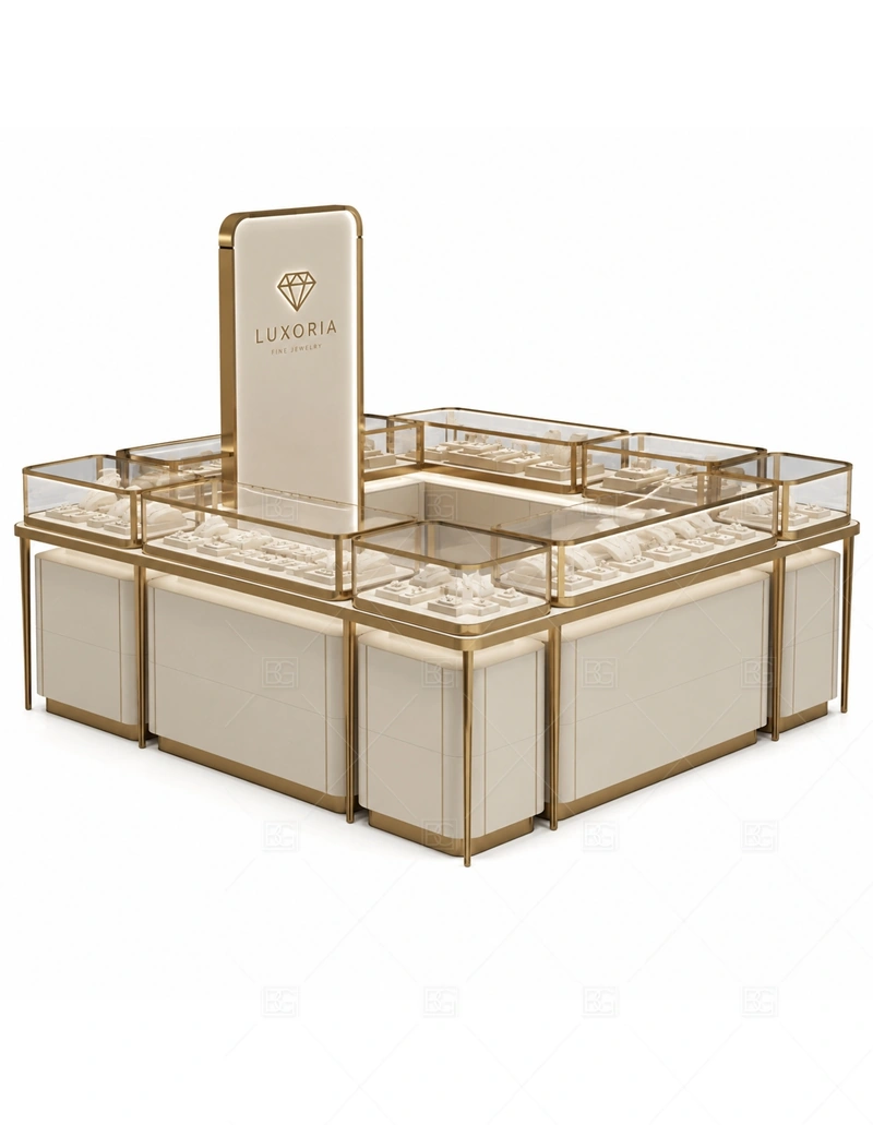 Champagne Jewelry Kiosk with Square Layout with champagne finish for a lighter premium mall jewelry look shown in the champagne jewelry kiosk with square layout product photos, with square island planning for organized multi-side browsing