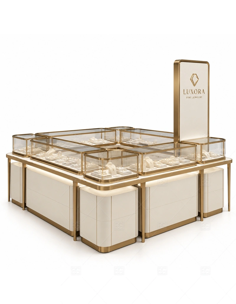 Champagne Jewelry Kiosk with Square Layout layout showing square island planning for organized multi-side browsing shown in the champagne jewelry kiosk with square layout product photos, with premium retail traffic where lighting, glass clarity, and brand finish affect purchase confidence