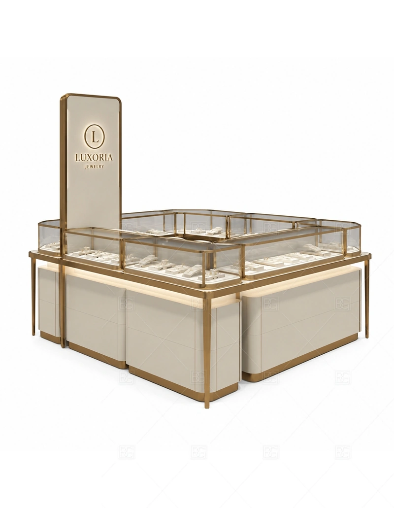 Champagne Jewelry Kiosk with Square Layout display detail for glass showcases and customer-facing jewelry display zones planned for rings, necklaces, watches, bracelets, gift sets, and small accessories in the champagne jewelry kiosk with square layout layout