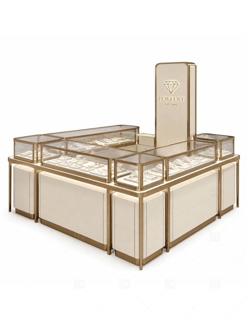 Champagne Jewelry Kiosk with Square Layout branding detail for logo sign and front brand panels coordinated with champagne finish for a lighter premium mall jewelry look for the champagne jewelry kiosk with square layout front presentation
