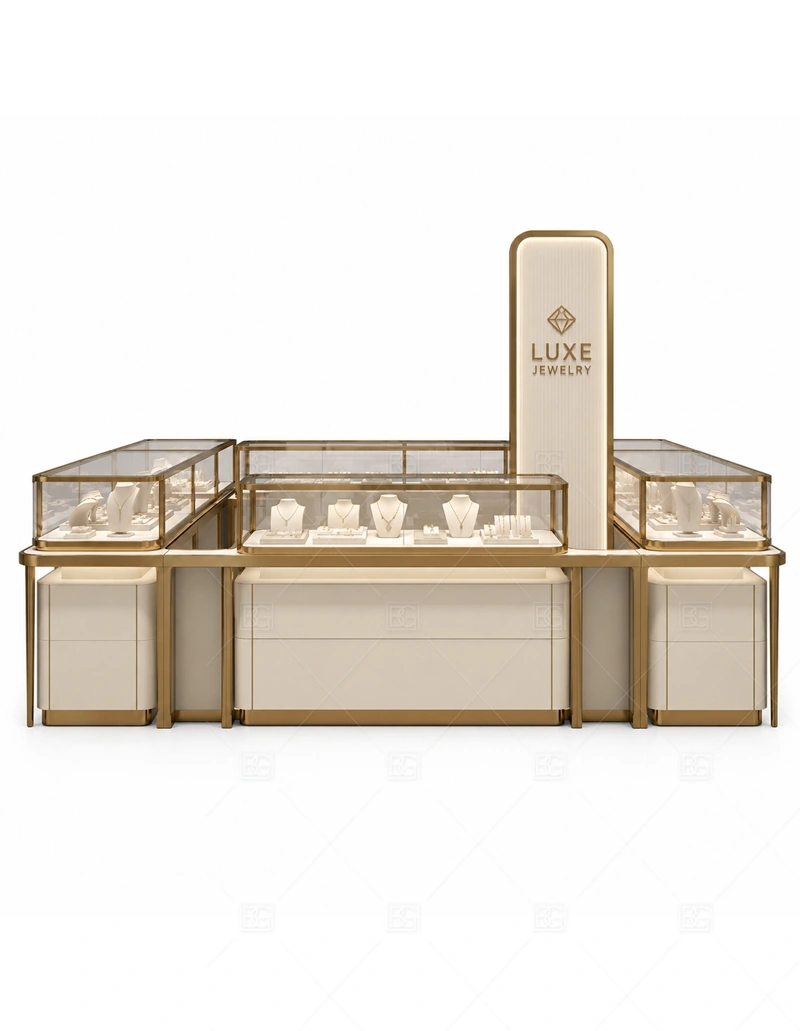 Champagne Jewelry Kiosk with Square Layout storage detail for under-counter tray drawers, lockable stock cabinets, POS space, and packaging storage planned for champagne jewelry kiosk with square layout