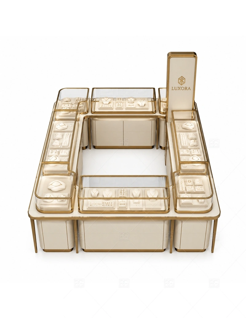 Champagne Jewelry Kiosk with Square Layout buyer planning detail for Champagne Jewelry Kiosk with Square Layout target size, glass showcase length, tray quantity, lockable drawer count, logo sign size, lighting color temperature, mall height limit, destination country