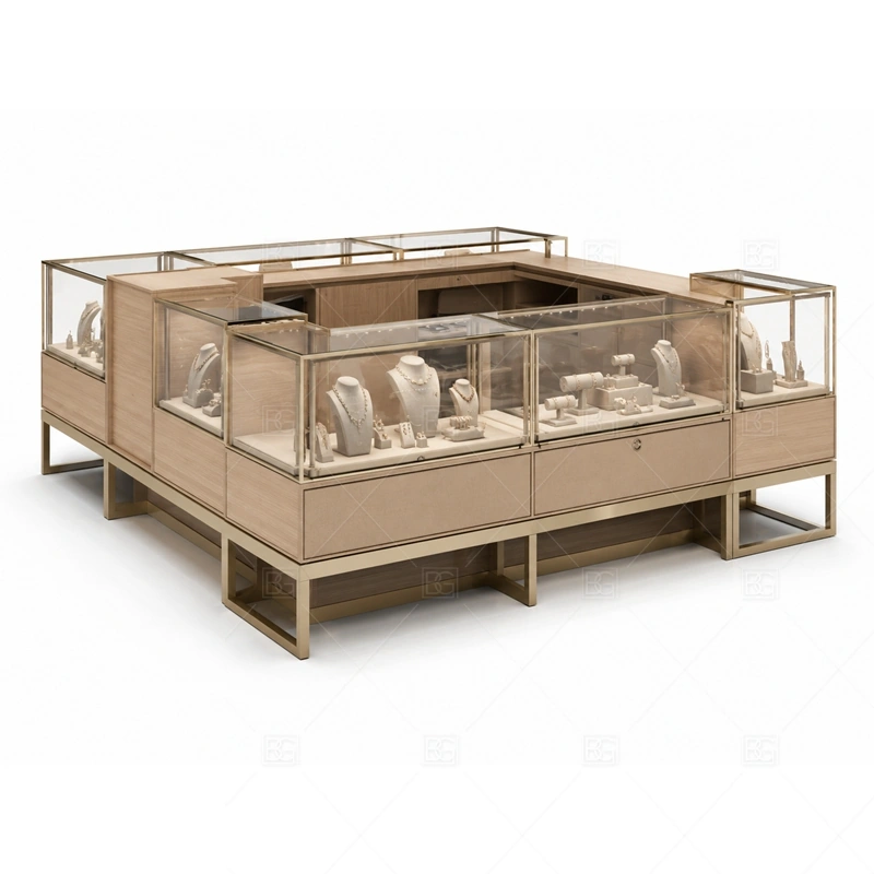 Champagne Retail Jewelry Kiosk with Open Base with champagne finish for a lighter premium mall jewelry look shown in the champagne retail jewelry kiosk with open base product photos, with open base styling paired with protected product display zones