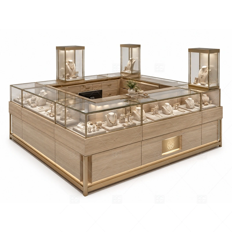 Champagne Retail Jewelry Kiosk with Open Base layout showing open base styling paired with protected product display zones shown in the champagne retail jewelry kiosk with open base product photos, with premium retail traffic where lighting, glass clarity, and brand finish affect purchase confidence