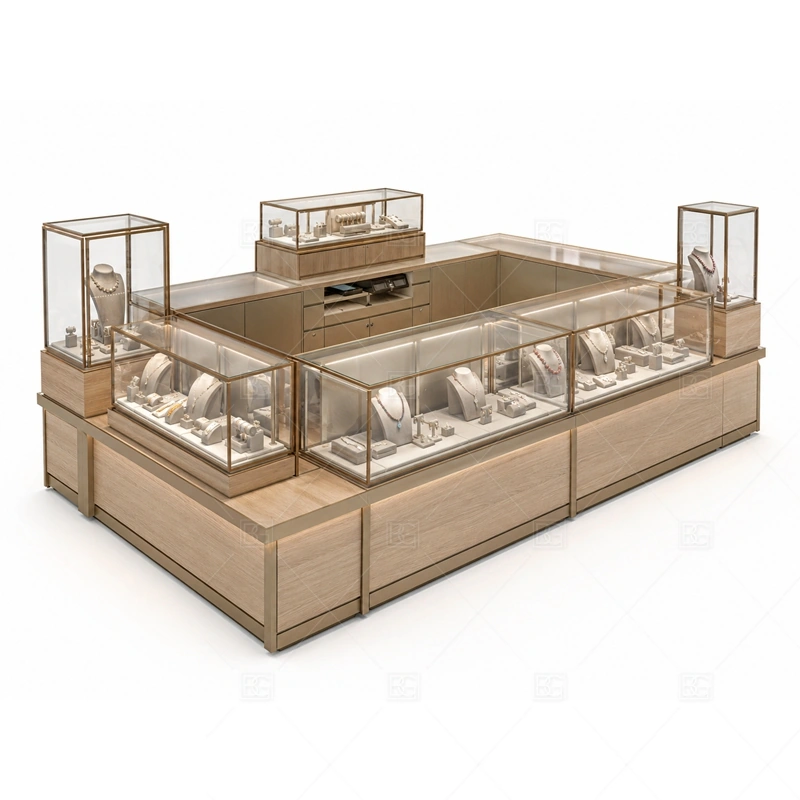 Champagne Retail Jewelry Kiosk with Open Base display detail for glass showcases and customer-facing jewelry display zones planned for rings, necklaces, watches, bracelets, gift sets, and small accessories in the champagne retail jewelry kiosk with open base layout