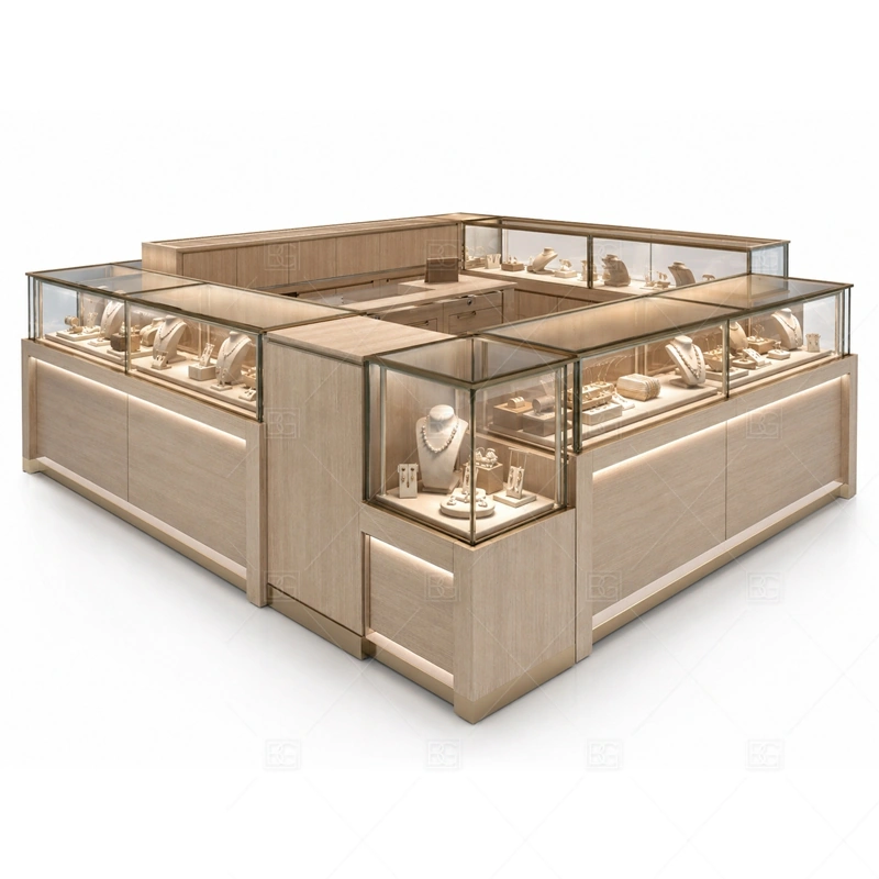 Champagne Retail Jewelry Kiosk with Open Base branding detail for logo sign and front brand panels coordinated with champagne finish for a lighter premium mall jewelry look for the champagne retail jewelry kiosk with open base front presentation