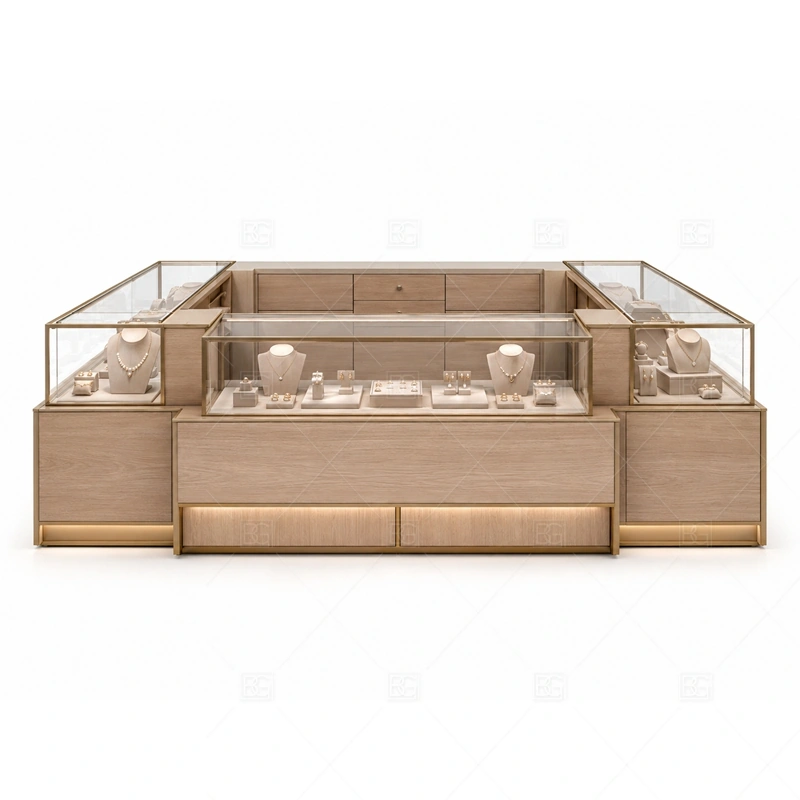 Champagne Retail Jewelry Kiosk with Open Base storage detail for under-counter tray drawers, lockable stock cabinets, POS space, and packaging storage planned for champagne retail jewelry kiosk with open base