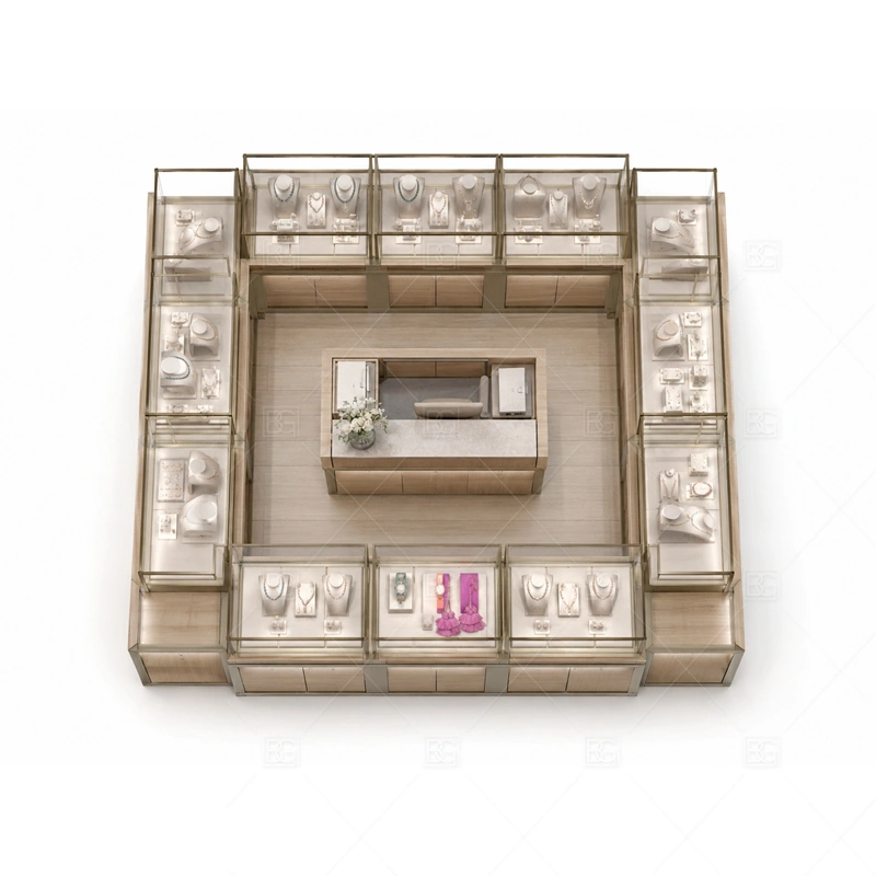 Champagne Retail Jewelry Kiosk with Open Base buyer planning detail for Champagne Retail Jewelry Kiosk with Open Base target size, glass showcase length, tray quantity, lockable drawer count, logo sign size, lighting color temperature, mall height limit, destination country