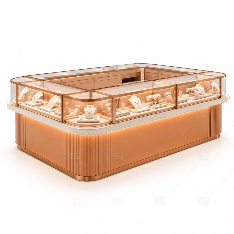 Copper Jewelry Kiosk with Curved Glass Display with custom color and finish planning for a clear jewelry retail identity shown in the copper jewelry kiosk with curved glass display product photos, with curved glass display lines that guide customer attention across small jewelry items