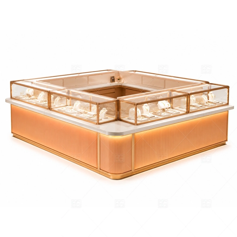 Copper Jewelry Kiosk with Curved Glass Display layout showing curved customer-facing counter layout shown in the copper jewelry kiosk with curved glass display product photos, with corridor traffic where the front sign must be readable before shoppers pass the counter