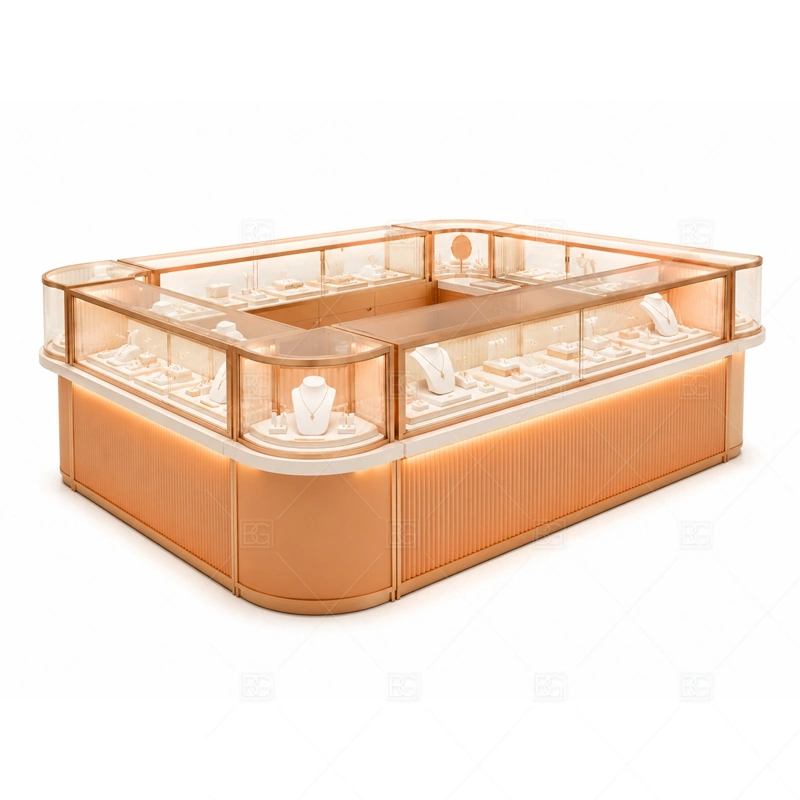 Copper Jewelry Kiosk with Curved Glass Display glass display detail for curved glass display counters planned for rings, necklaces, watches, bracelets, gift sets, and small accessories in the copper jewelry kiosk with curved glass display layout
