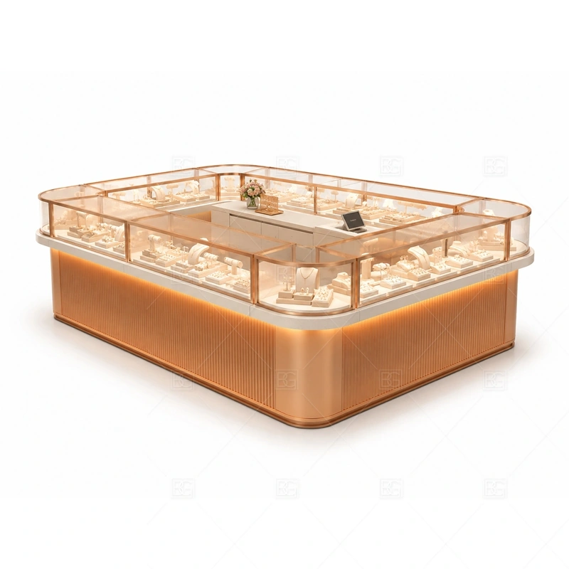 Copper Jewelry Kiosk with Curved Glass Display lighting detail for LED strips, showcase spotlights, and warmer jewelry lighting adjusted around copper metal trim, durable cabinet panels, and transparent glass showcases for the copper jewelry kiosk with curved glass display detail set