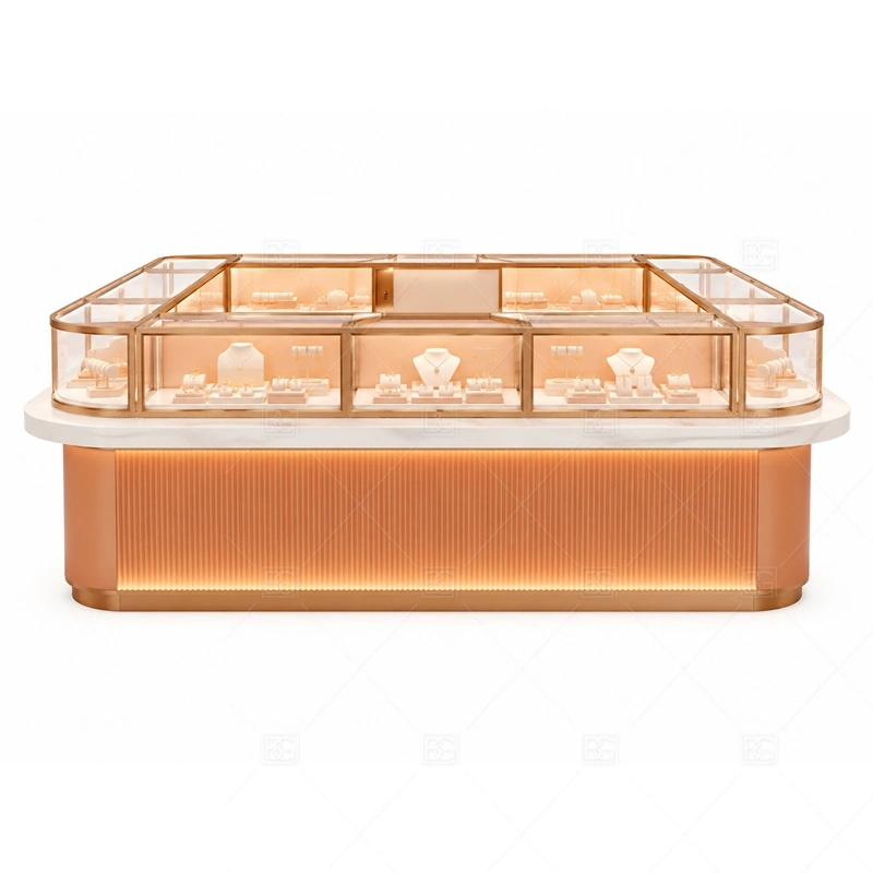 Copper Jewelry Kiosk with Curved Glass Display brand signage detail for low profile brand panels and optional illuminated logo accents coordinated with custom color and finish planning for a clear jewelry retail identity for the copper jewelry kiosk with curved glass display front presentation
