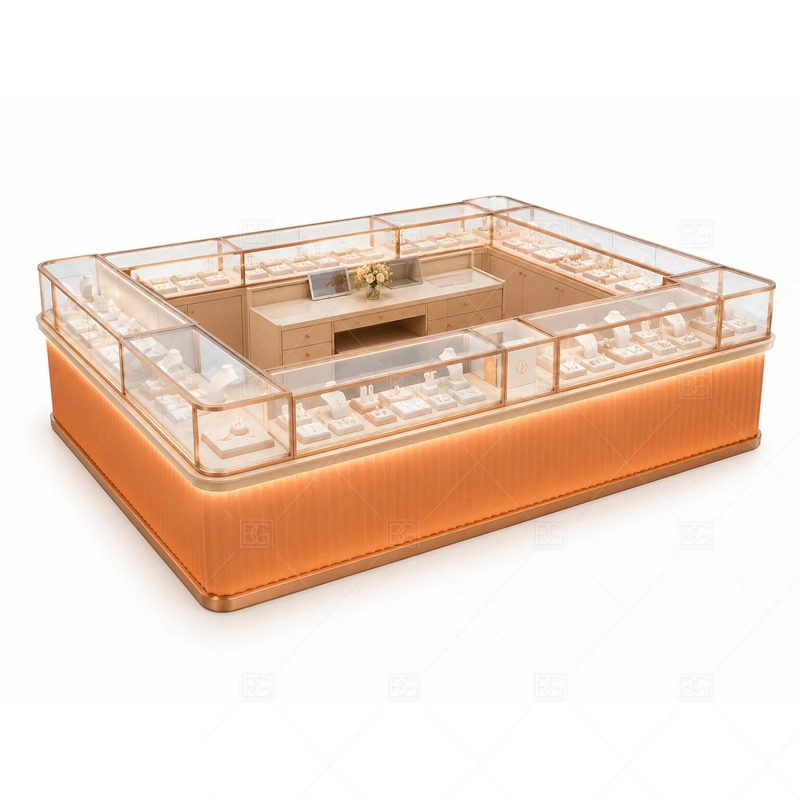 Copper Jewelry Kiosk with Curved Glass Display storage and security detail for under-counter tray drawers, lockable stock cabinets, POS space, and packaging storage planned for copper jewelry kiosk with curved glass display