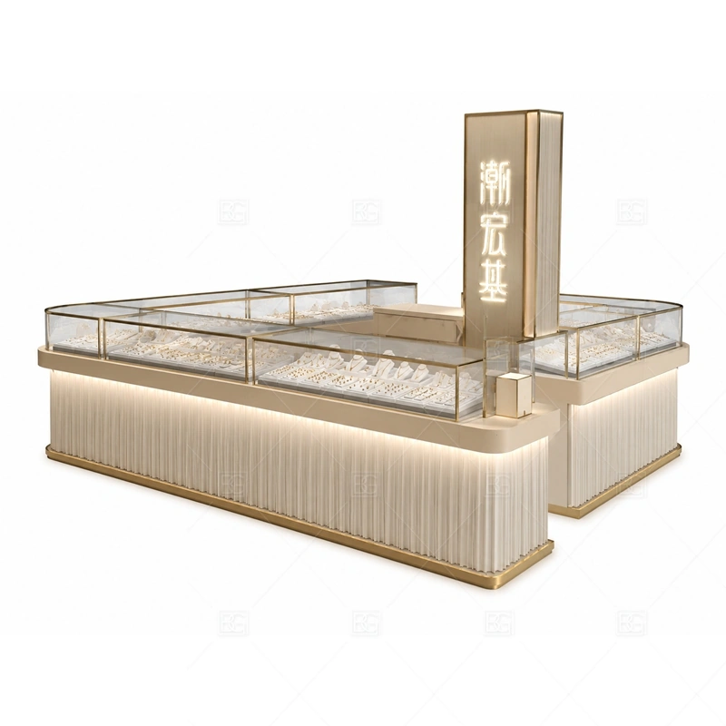 Cream Fluted Jewelry Kiosk with Tall Sign with custom color and finish planning for a clear jewelry retail identity shown in the cream fluted jewelry kiosk with tall sign product photos, with tall signage planning for long-distance mall visibility