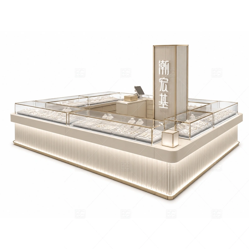 Cream Fluted Jewelry Kiosk with Tall Sign layout showing island booth with vertical sign focus shown in the cream fluted jewelry kiosk with tall sign product photos, with corridor traffic where the front sign must be readable before shoppers pass the counter