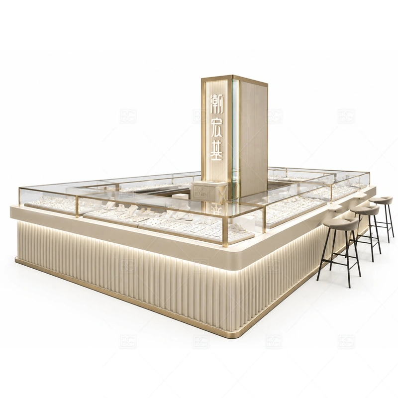 Cream Fluted Jewelry Kiosk with Tall Sign glass display detail for glass showcases around the sales counter planned for rings, necklaces, watches, bracelets, gift sets, and small accessories in the cream fluted jewelry kiosk with tall sign layout