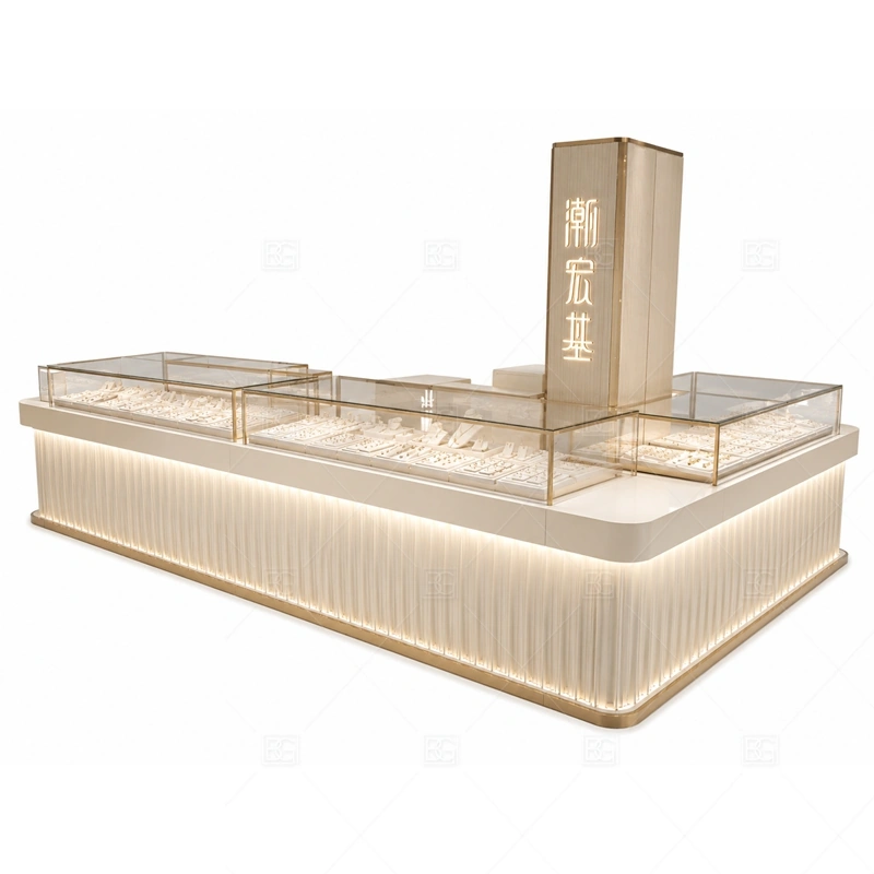 Cream Fluted Jewelry Kiosk with Tall Sign lighting detail for LED strips, showcase spotlights, and warmer jewelry lighting adjusted around fluted cream cladding, metal trim, and tempered glass for the cream fluted jewelry kiosk with tall sign detail set