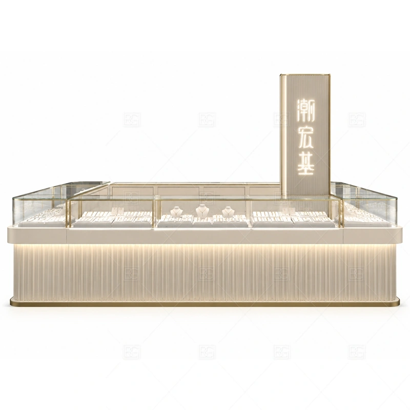 Cream Fluted Jewelry Kiosk with Tall Sign brand signage detail for tall logo sign for long-distance mall visibility coordinated with custom color and finish planning for a clear jewelry retail identity for the cream fluted jewelry kiosk with tall sign front presentation