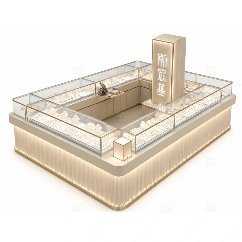 Cream Fluted Jewelry Kiosk with Tall Sign storage and security detail for under-counter tray drawers, lockable stock cabinets, POS space, and packaging storage planned for cream fluted jewelry kiosk with tall sign