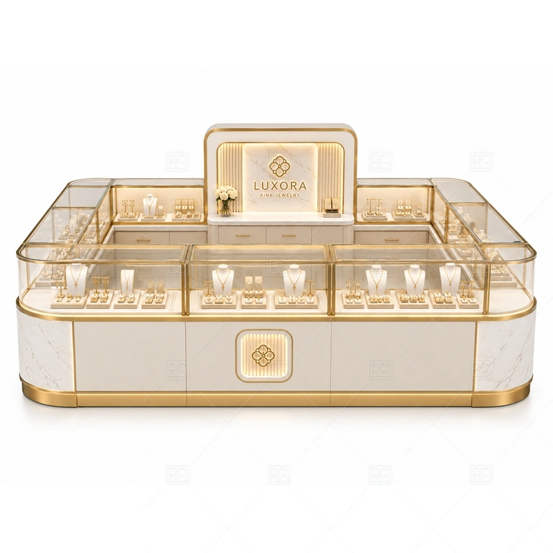 Cream gold jewelry kiosk with front sign