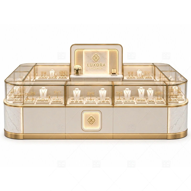 Cream Gold Jewelry Kiosk with Front Sign layout showing front-facing retail counter layout shown in the cream gold jewelry kiosk with front sign product photos, with boutique mall traffic where shoppers need time to inspect small products closely