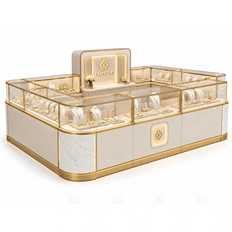 Cream Gold Jewelry Kiosk with Front Sign glass display detail for glass counter displays facing the main walkway planned for rings, necklaces, watches, bracelets, gift sets, and small accessories in the cream gold jewelry kiosk with front sign layout