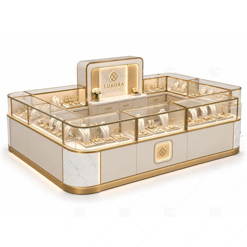 Cream Gold Jewelry Kiosk with Front Sign lighting detail for LED strips, showcase spotlights, and warmer jewelry lighting adjusted around cream lacquer or laminate panels with gold stainless trim for the cream gold jewelry kiosk with front sign detail set