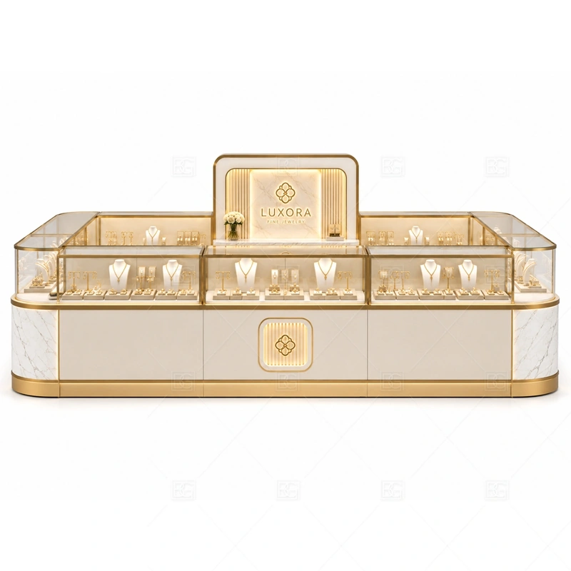 Cream Gold Jewelry Kiosk with Front Sign brand signage detail for front sign panel for direct customer recognition coordinated with warm gold accents for a premium jewelry presentation for the cream gold jewelry kiosk with front sign front presentation
