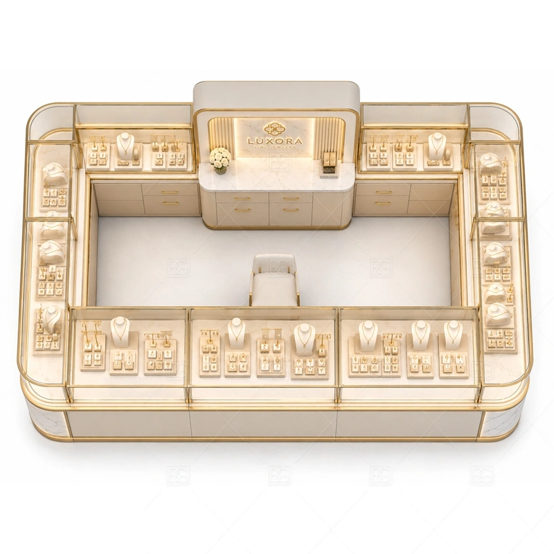 Cream Gold Jewelry Kiosk with Front Sign storage and security detail for under-counter tray drawers, lockable stock cabinets, POS space, and packaging storage planned for cream gold jewelry kiosk with front sign