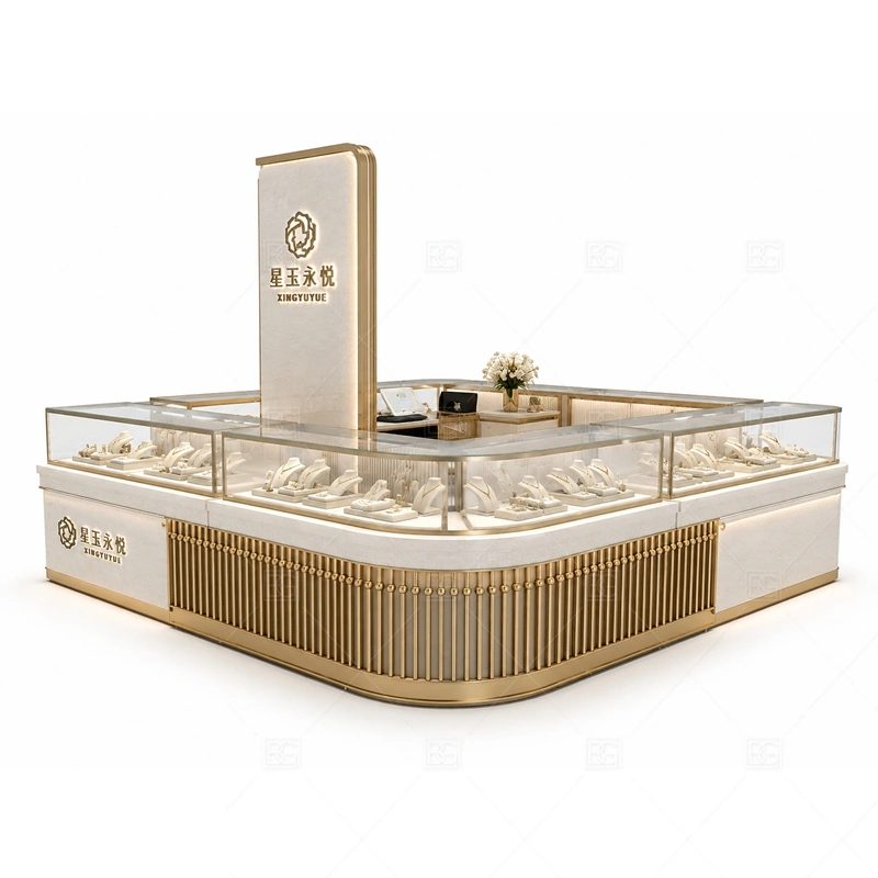 Cream Gold Jewelry Kiosk with Rounded Counter with warm gold accents for a premium jewelry presentation shown in the cream gold jewelry kiosk with rounded counter product photos, with rounded counter flow that softens customer movement around the showcases