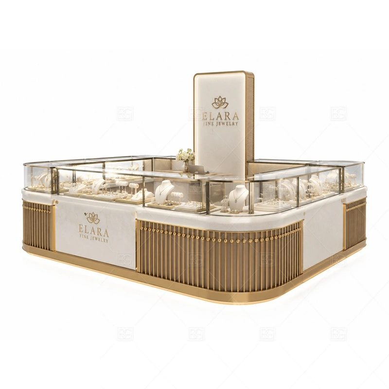 Cream Gold Jewelry Kiosk with Rounded Counter layout showing rounded island counter layout shown in the cream gold jewelry kiosk with rounded counter product photos, with corridor traffic where the front sign must be readable before shoppers pass the counter