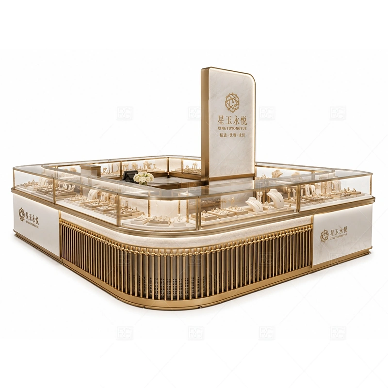 Cream Gold Jewelry Kiosk with Rounded Counter glass display detail for rounded glass showcases for easier browsing planned for rings, necklaces, watches, bracelets, gift sets, and small accessories in the cream gold jewelry kiosk with rounded counter layout