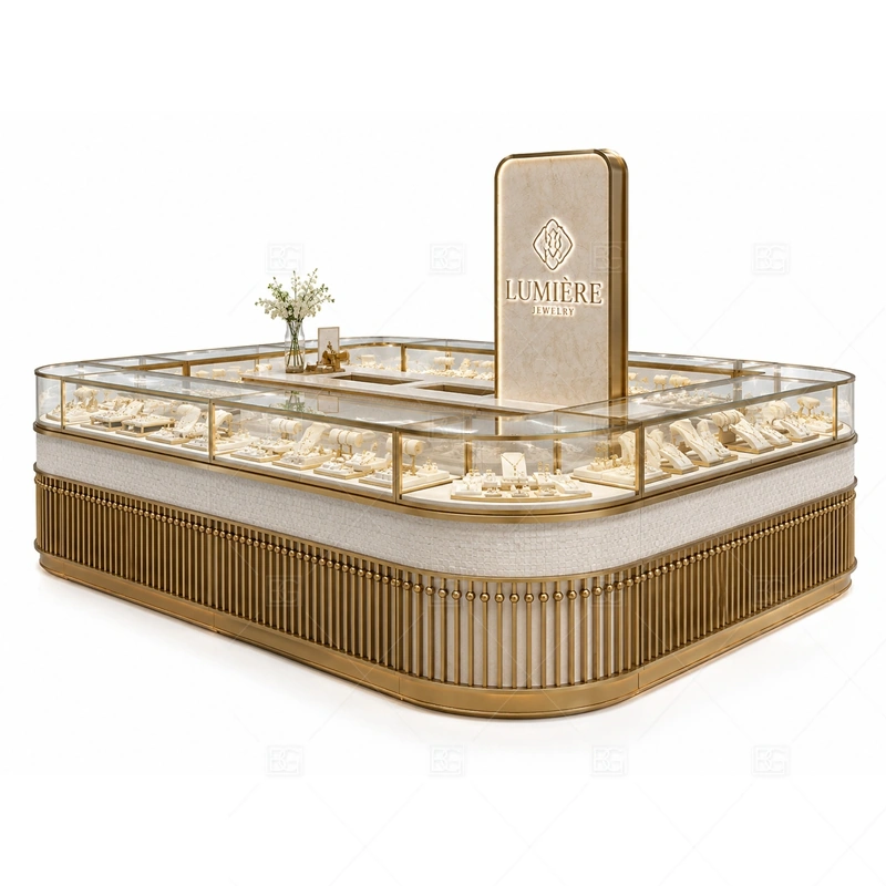 Cream Gold Jewelry Kiosk with Rounded Counter lighting detail for LED strips, showcase spotlights, and warmer jewelry lighting adjusted around cream cabinet finish, gold trim, and curved glass detailing for the cream gold jewelry kiosk with rounded counter detail set