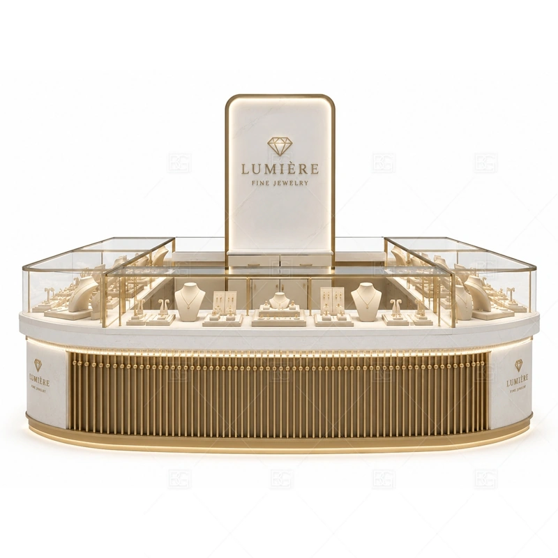 Cream Gold Jewelry Kiosk with Rounded Counter brand signage detail for integrated logo accents and clean counter-front branding coordinated with warm gold accents for a premium jewelry presentation for the cream gold jewelry kiosk with rounded counter front presentation