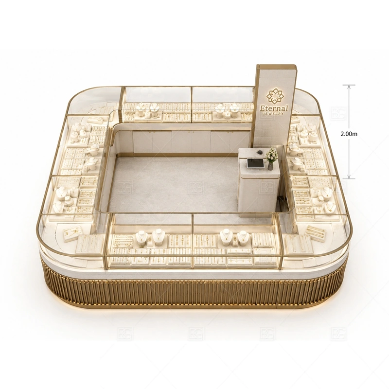 Cream Gold Jewelry Kiosk with Rounded Counter storage and security detail for under-counter tray drawers, lockable stock cabinets, POS space, and packaging storage planned for cream gold jewelry kiosk with rounded counter