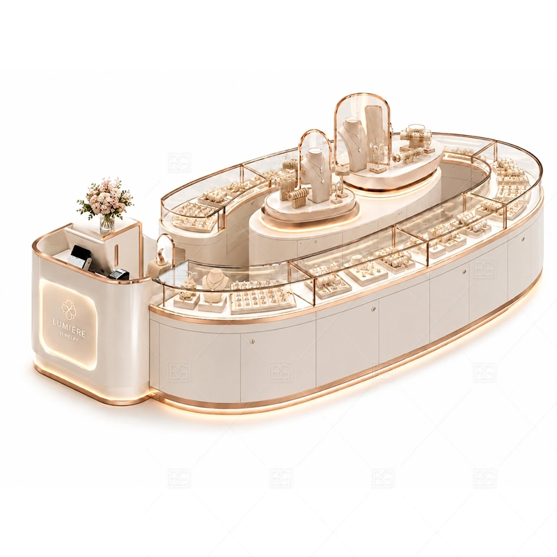 Curved White Jewelry Kiosk for Retail with white cabinet panels for a clean bright jewelry display shown in the curved white jewelry kiosk for retail product photos, with curved glass display lines that guide customer attention across small jewelry items