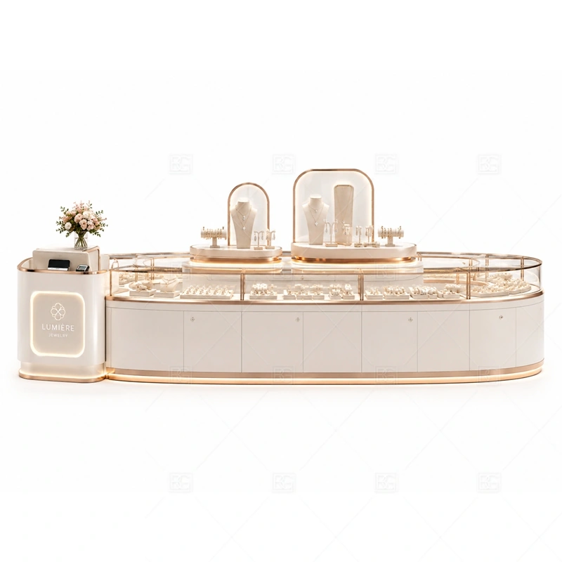 Curved White Jewelry Kiosk for Retail layout showing curved retail island layout shown in the curved white jewelry kiosk for retail product photos, with gift-shopping traffic where quick browsing and secure staff access need to work together