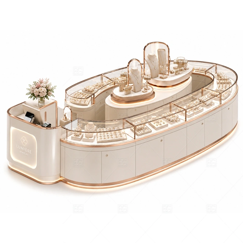 Curved White Jewelry Kiosk for Retail glass display detail for curved glass counter display zones planned for rings, necklaces, watches, bracelets, gift sets, and small accessories in the curved white jewelry kiosk for retail layout