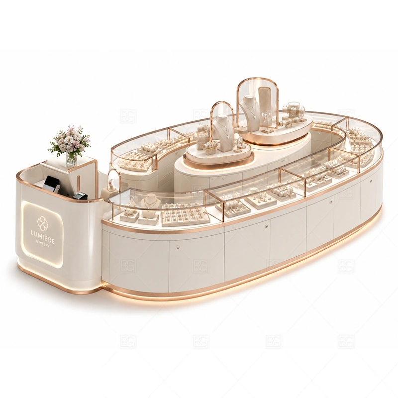 Curved White Jewelry Kiosk for Retail lighting detail for LED strips, showcase spotlights, and warmer jewelry lighting adjusted around white lacquer or laminate panels with tempered glass for the curved white jewelry kiosk for retail detail set