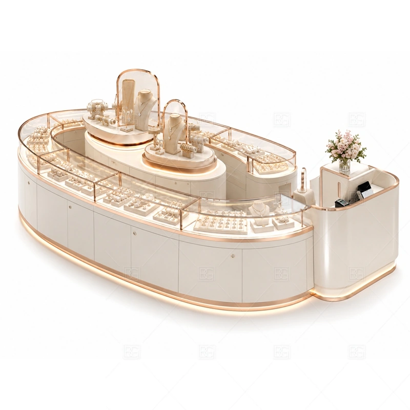 Curved White Jewelry Kiosk for Retail brand signage detail for subtle logo placement that can be illuminated coordinated with white cabinet panels for a clean bright jewelry display for the curved white jewelry kiosk for retail front presentation