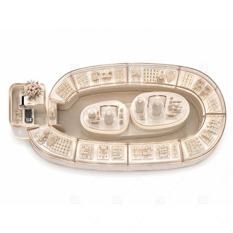 Curved White Jewelry Kiosk for Retail storage and security detail for under-counter tray drawers, lockable stock cabinets, POS space, and packaging storage planned for curved white jewelry kiosk for retail