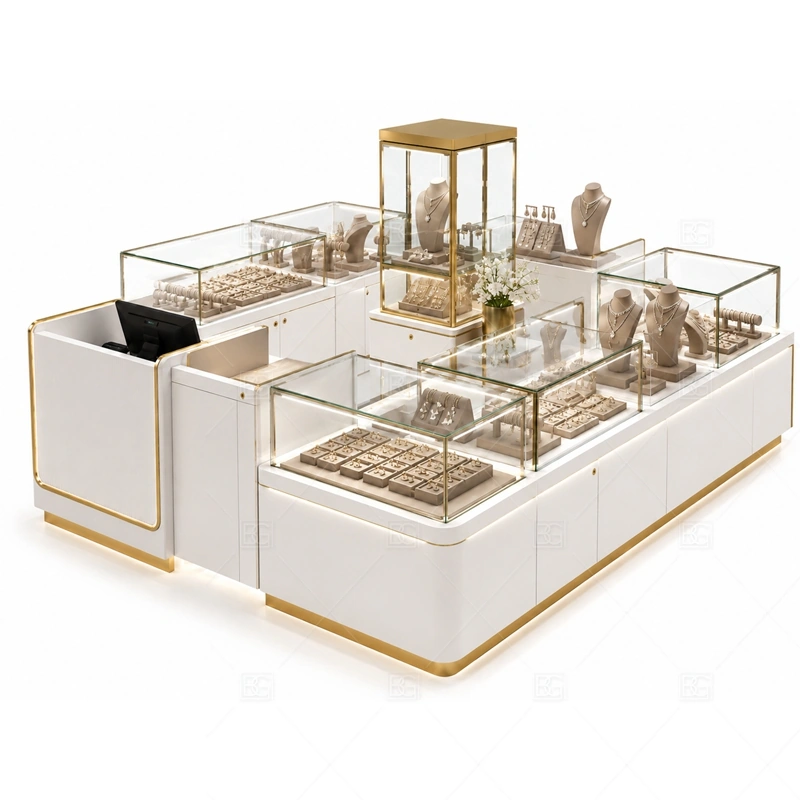 Custom Glass Jewelry Kiosk with Showcase with custom color and finish planning for a clear jewelry retail identity shown in the custom glass jewelry kiosk with showcase product photos, with glass showcase planning for secure jewelry display and clear product viewing